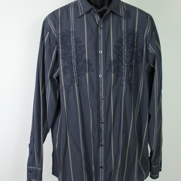 Transcript embroidered shirt long sleeve button up blue gray striped - Picture 1 of 8